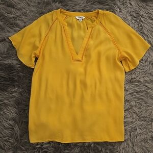Express Sunny Yellow V-Neck Blouse with Embroided Detail